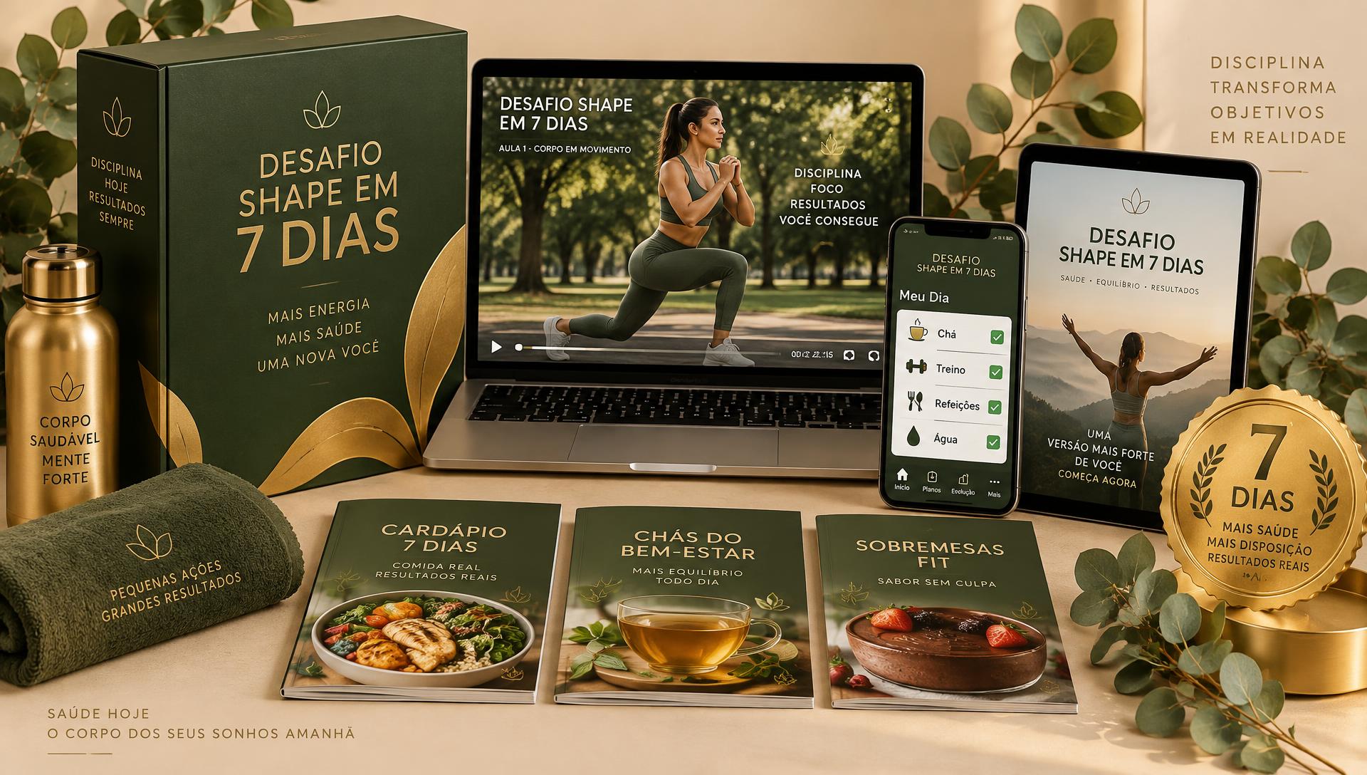 Kit completo do Desafio Shape em 7 Dias: caixa, videoaula no notebook, app no celular e tablet, guias de cardápio, chás e sobremesas