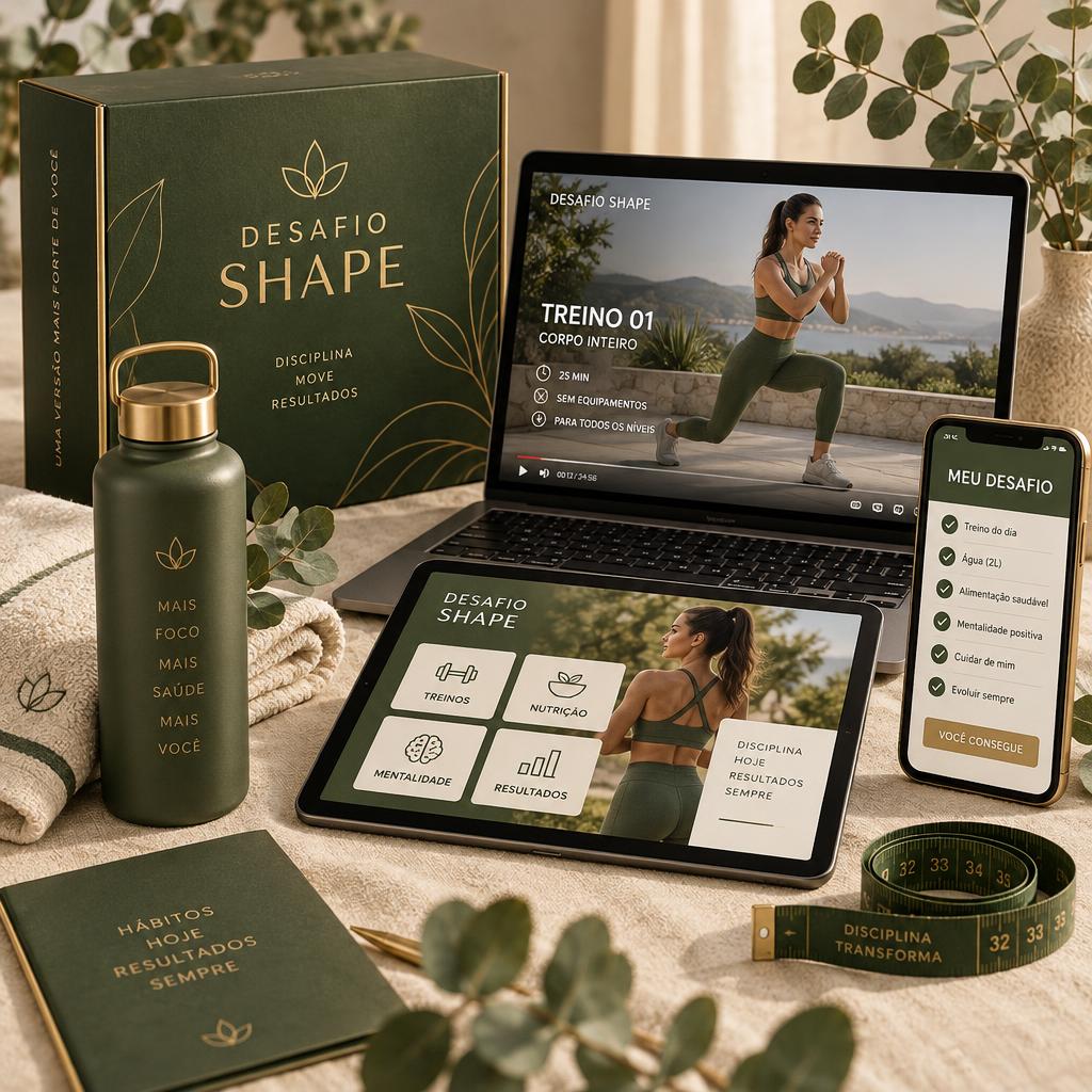 Kit do Desafio Shape: caixa verde-musgo, treino ao ar livre no notebook, app no tablet e celular, fita métrica e garrafa